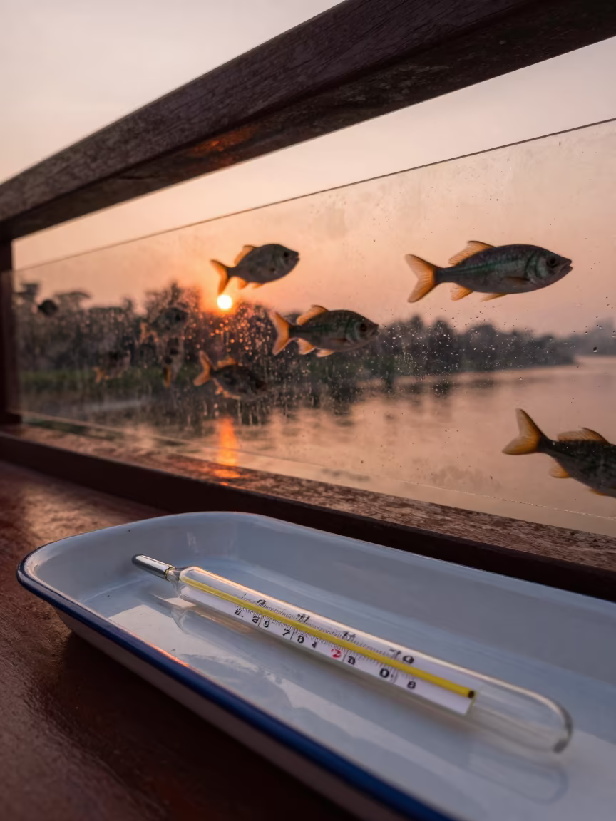 Thermometer on Tray with Swimming Fish in on a pier railing near Luang Prabang