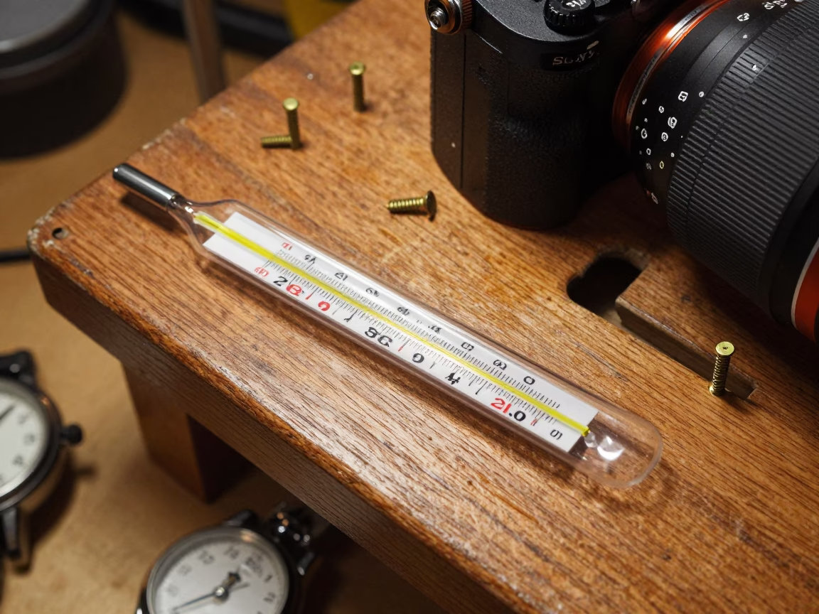 Thermometer on Watchmaker Bench Malaga in on a workshop shelf in Malaga