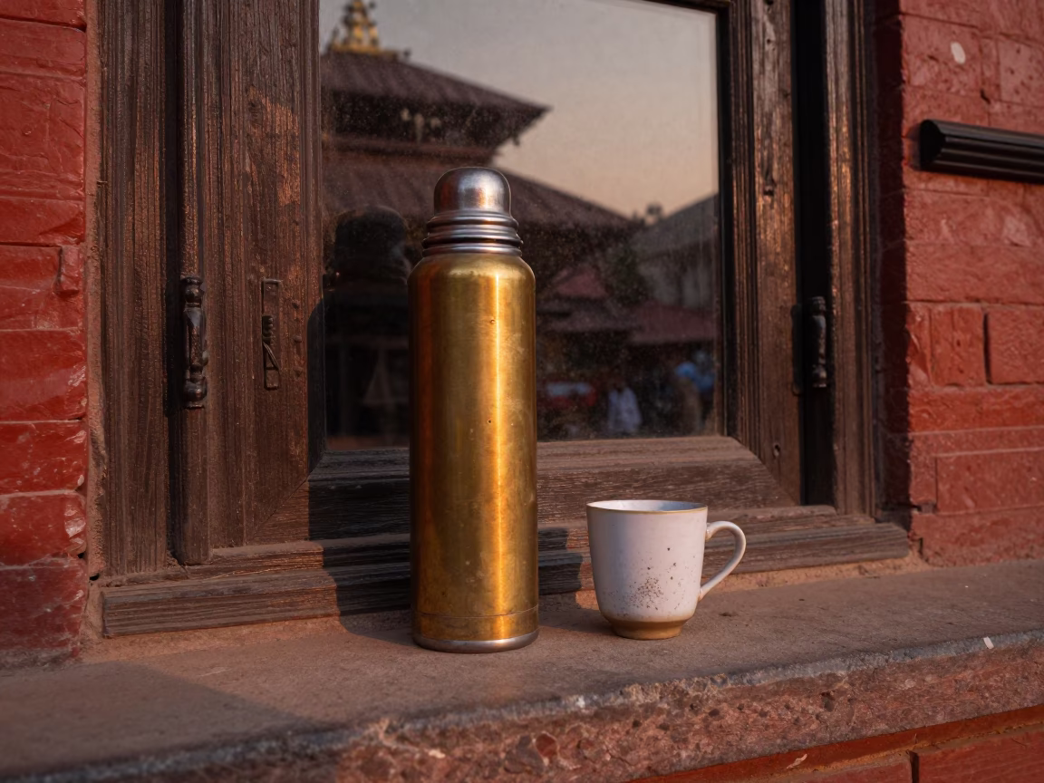 Thermos and Ceramic Cup on Dusty Ledge in Kathmandu Nepal Before Dusk in in Kathmandu, Nepal