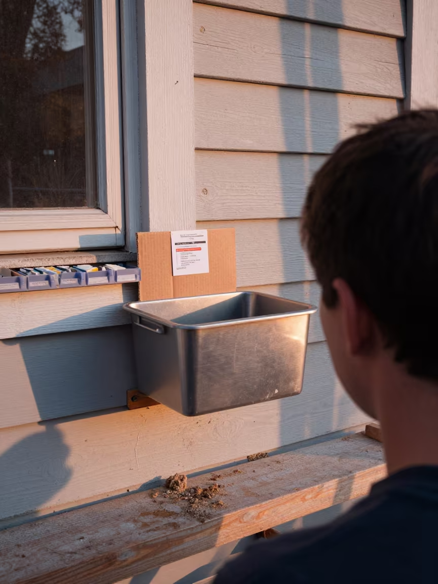 Thermostat Bin on Vermont Scaffold Evening in along a scaffolded facade in Vermont
