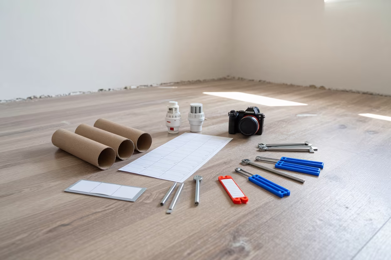 Thermostat Commissioning Kit on Dusty Laminate Floor in in a renovation zone under temporary light in Karadeniz Ereğli