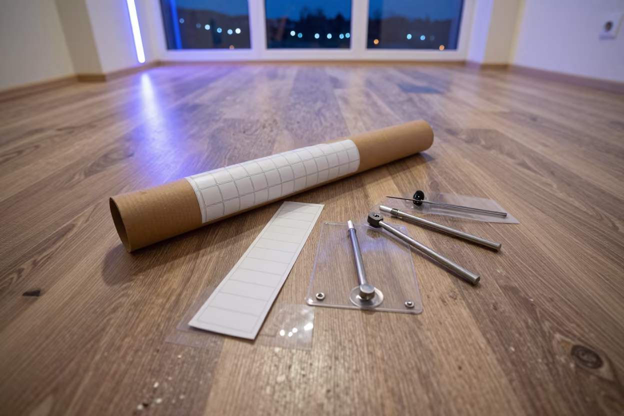 Thermostat Kit on Dusty Laminate Floor in in a renovation zone under temporary light near Torun
