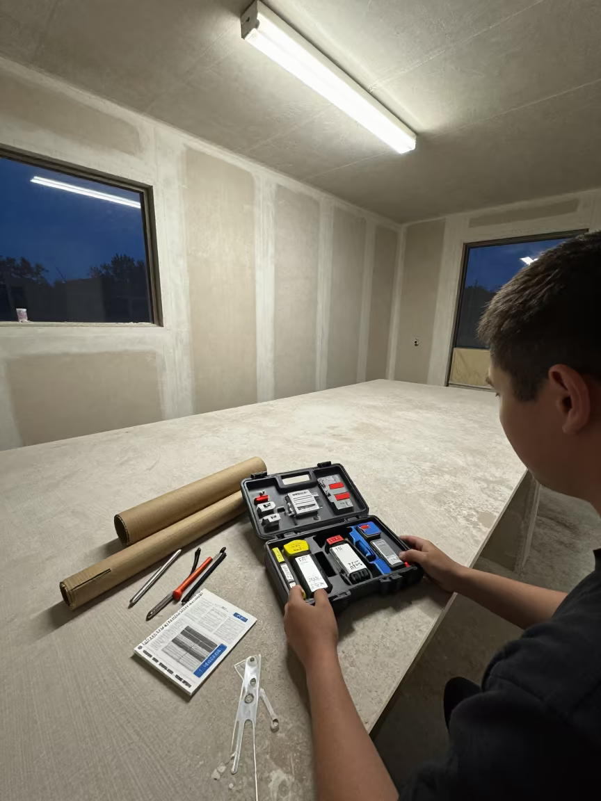 Thermostat Kit on Dusty Laminate in Night Light in at a drywall staging area in Beed