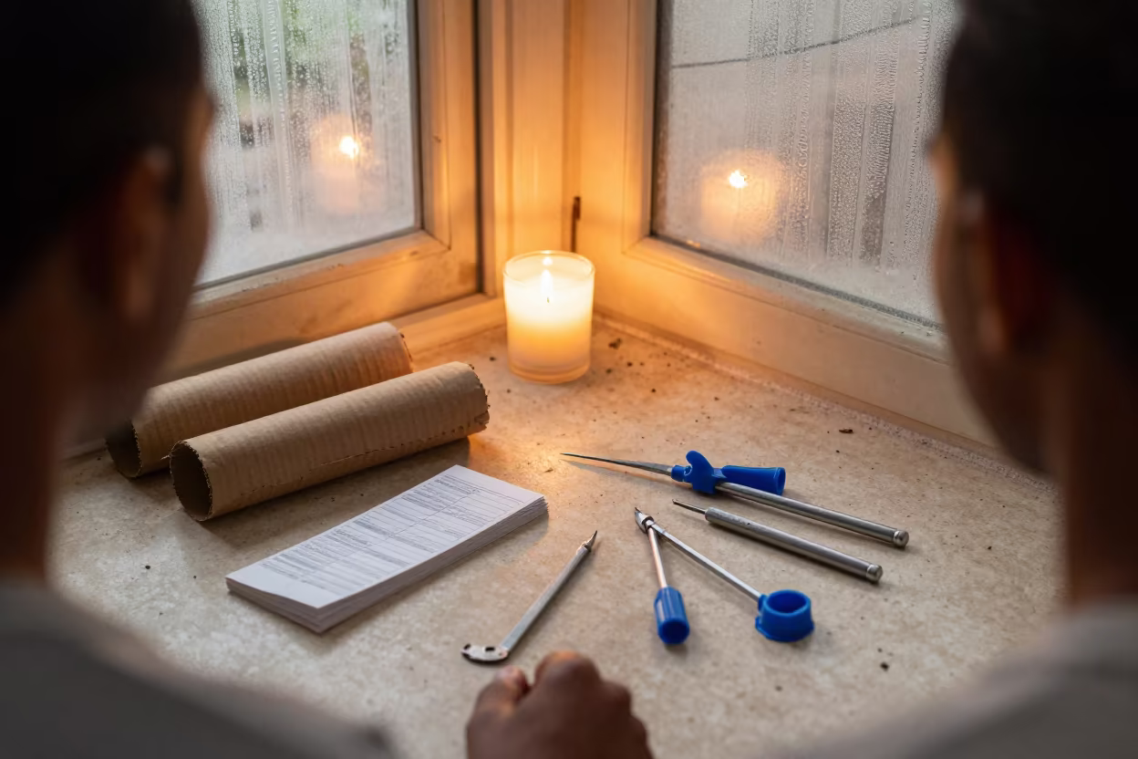 Thermostat Kit Tools on Laminate Staging Area in at a drywall staging area in Trinidad and Tobago