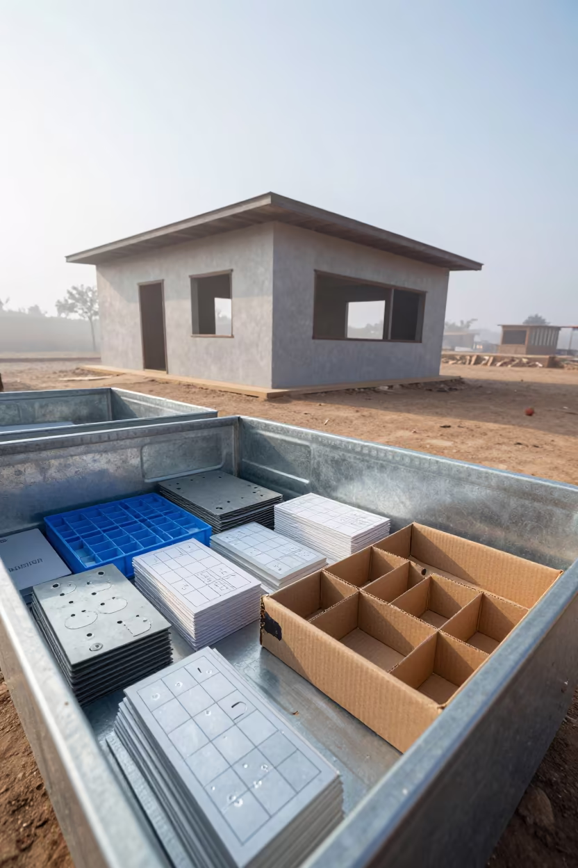 Thermostat Trim Bin on Senegalese Construction Site in beside a framed building shell in Senegal