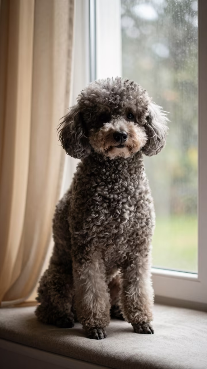 Thies Poodle Portrait on Window Seat in on a cushioned window seat with soft side light and an uncluttered background in Thies