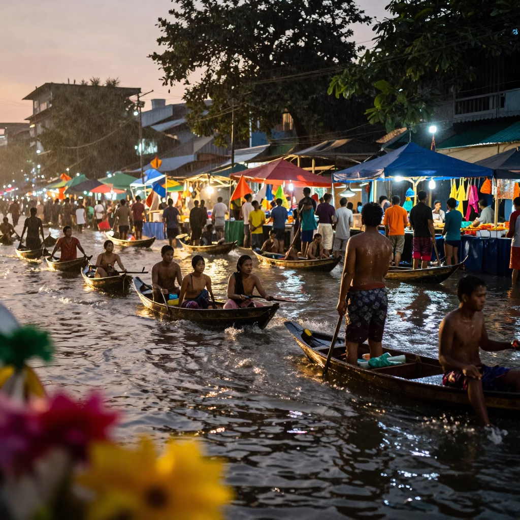 Thingyan Festival Floats at Dawn in Yangon in at a night market in Yangon