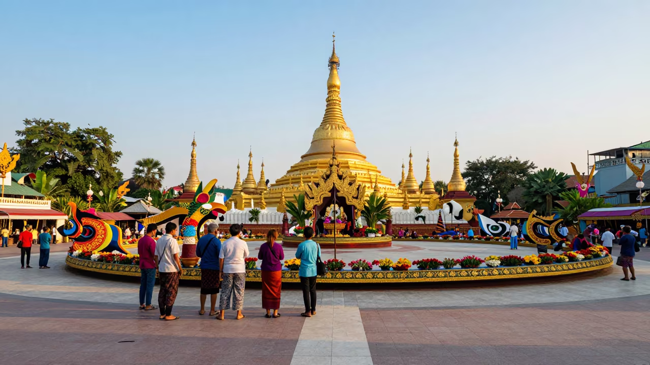 Thingyan Festival Floats at Sunrise in Yangon in at a public square during a festival near Yangon