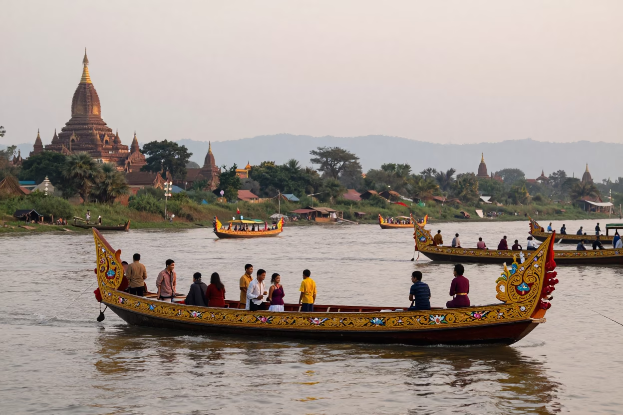 Thingyan Water Festival Floats at Bagan Waterfront in at a waterfront celebration near Bagan