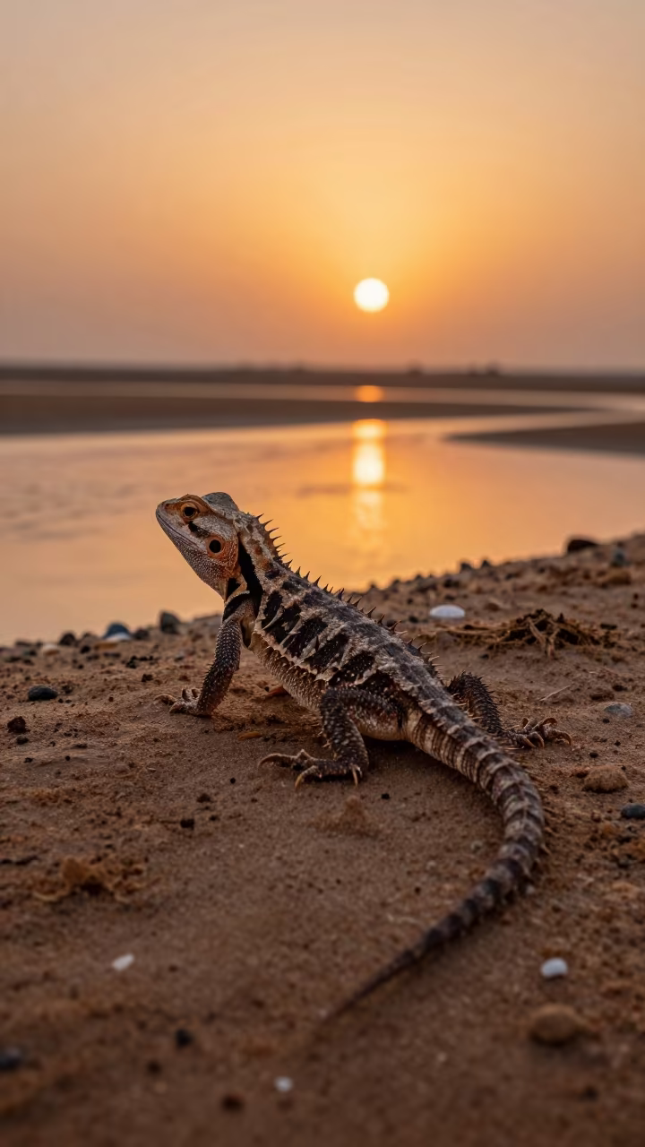 Thorny Devil Lizard Amber Sunset Light in beside a tidal inlet near Al Bayda