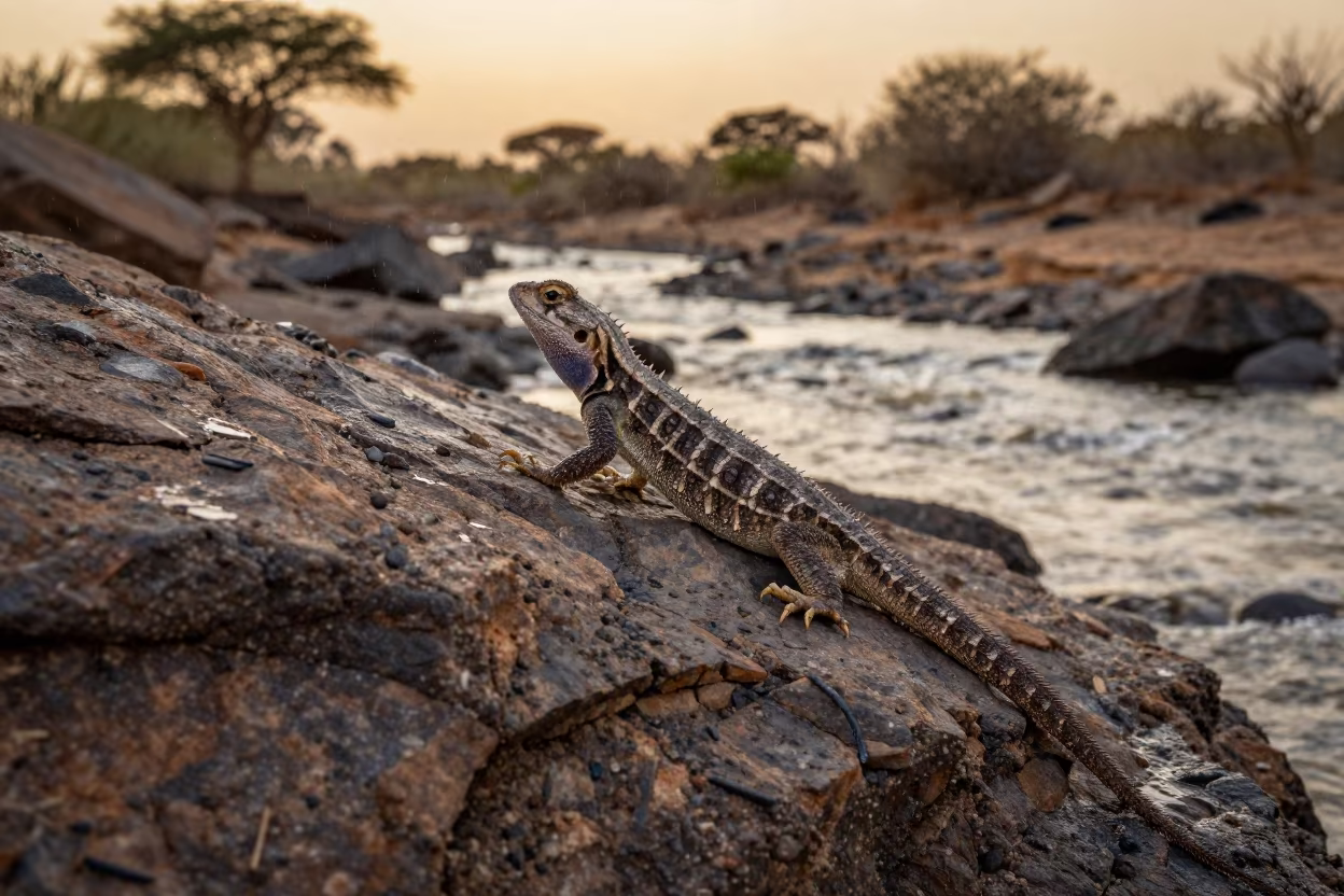 Thorny Devil Lizard in Golden Hour Drizzle in above a glacial stream in Niger