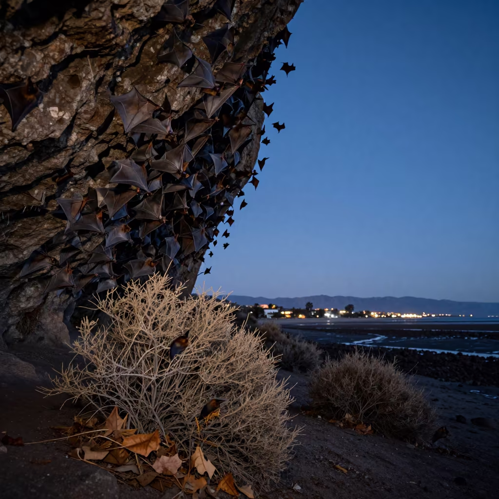 Thousands of Bats Emerge from Cave at Twilight in beside a tidal inlet in Nevada