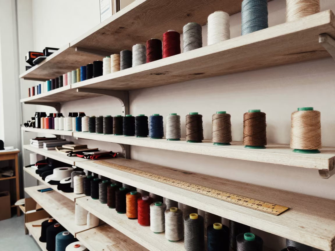 Thread Cones and Rulers on Fashion Shelf Antalya in under runway rehearsal lights in Antalya