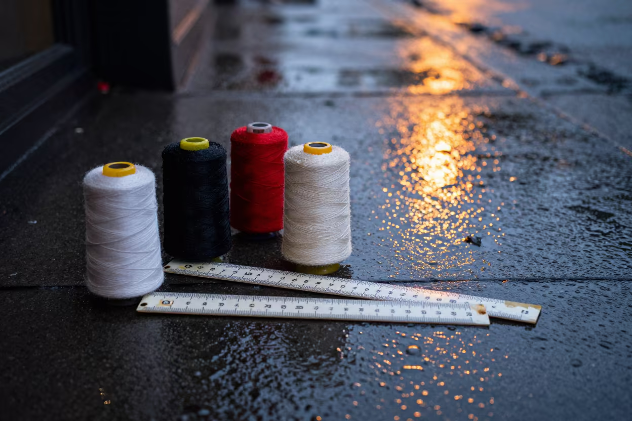 Thread Cones and Rulers on Rainy George Town Sidewalk in on a rain-darkened city sidewalk in George Town