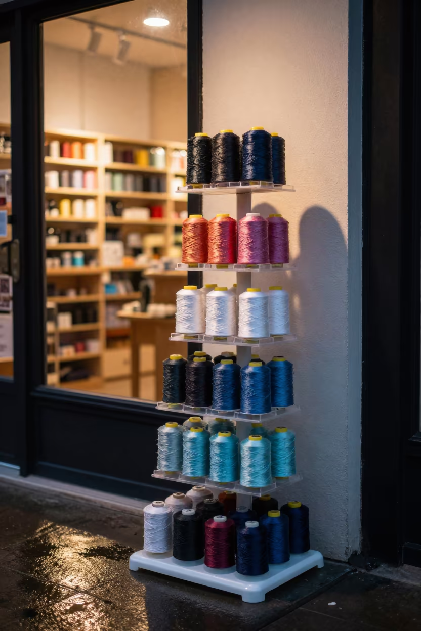 Thread Spool Rack in Bath Retail After Hours in beside a seasonal endcap near the sales floor in Bath