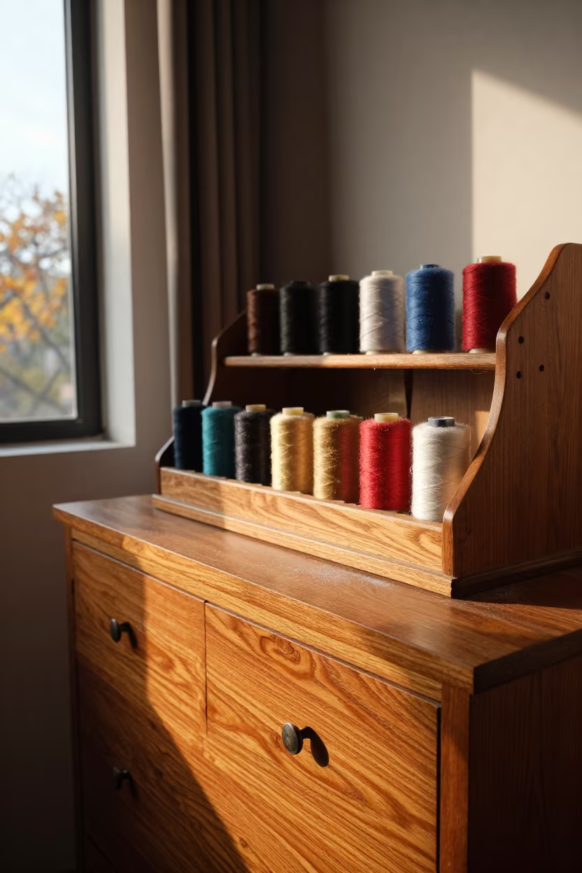 Thread Spool Rack on Oak Cabinet in Agra in on a hotel dresser in Agra