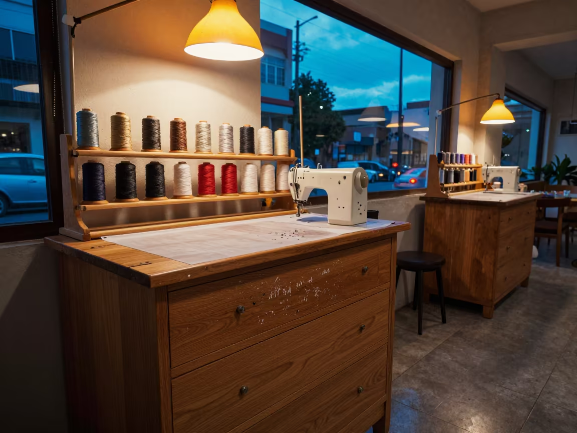 Thread Spool Rack on Oak Cabinet in Campinas Cafe in on a cafe table by a window near Campinas