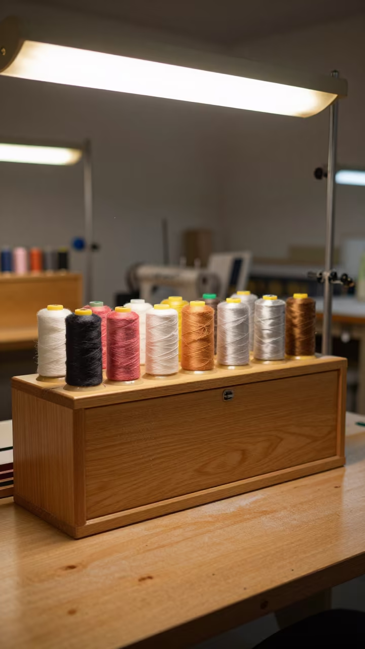 Thread Spool Rack on Oak Cabinet in Rimini Workshop in on a wooden workbench in Rimini