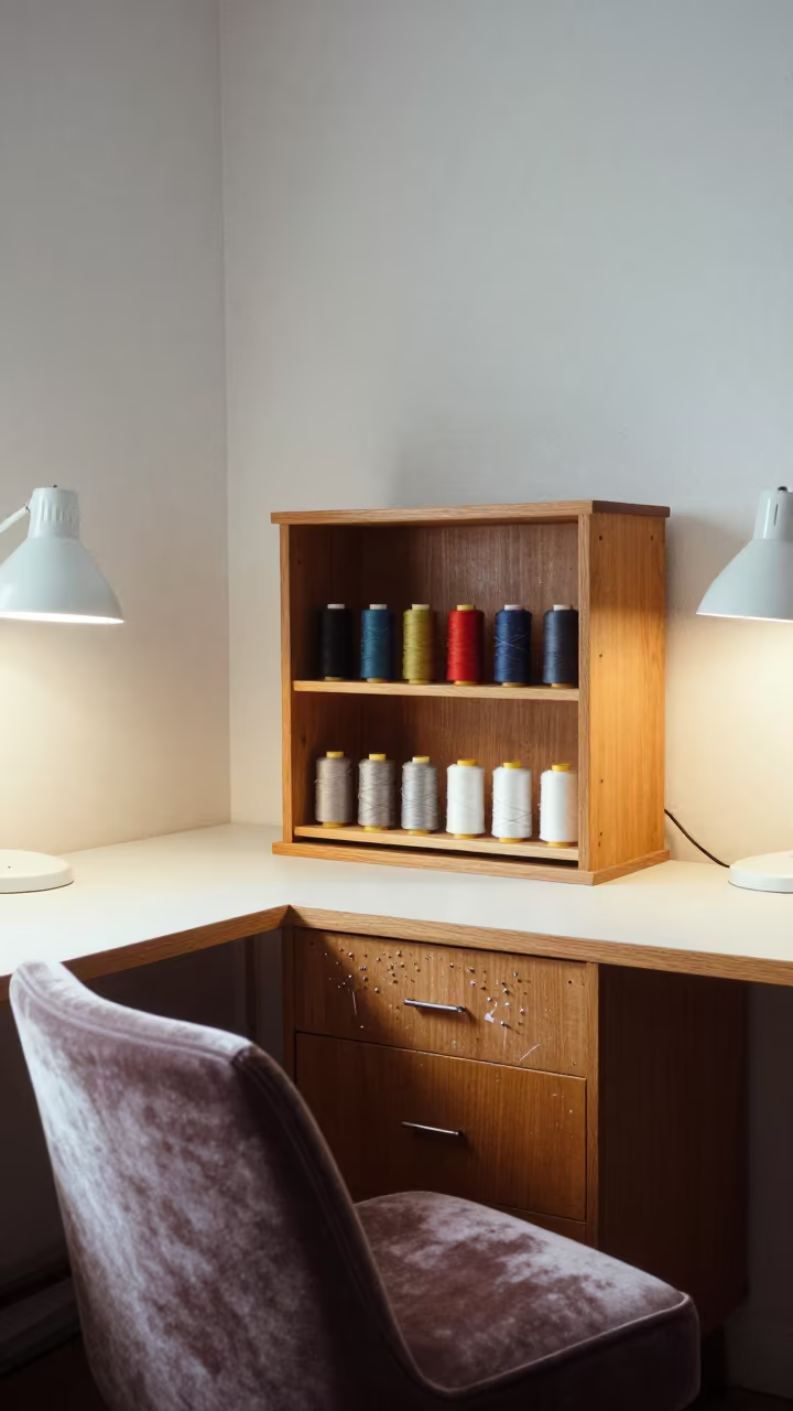 Thread Spool Rack on Velvet Chair in Massarah in on a velvet chair in Massarah