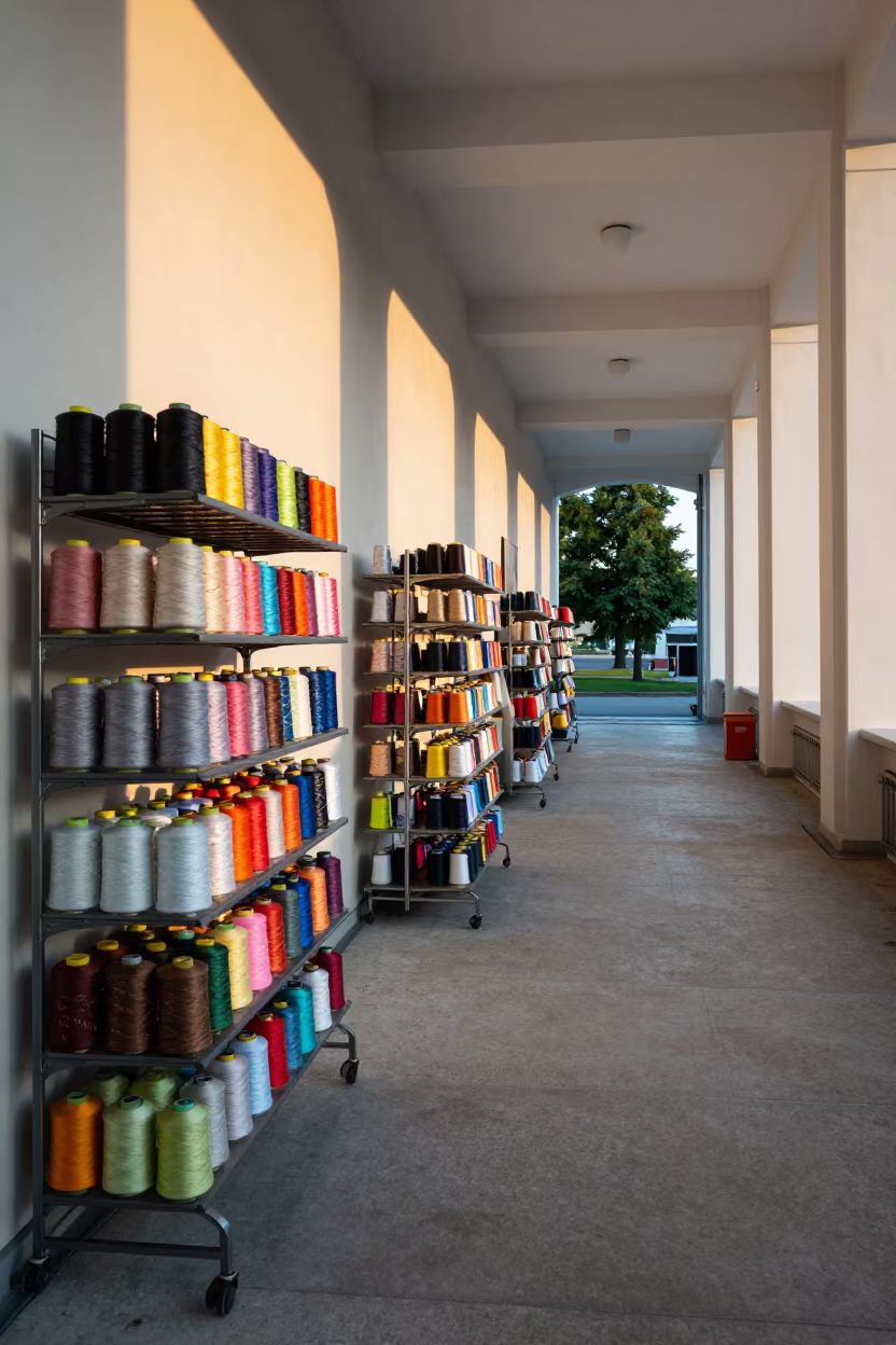 Thread Spool Rack Dawn Reset Wroclaw Retail in beside a seasonal endcap near the sales floor in Wroclaw
