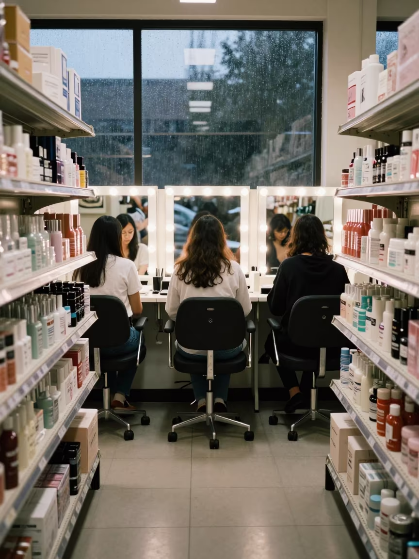 Threading Chair Under Vanity Mirror Light in in a beauty supply area under white LEDs in Belas