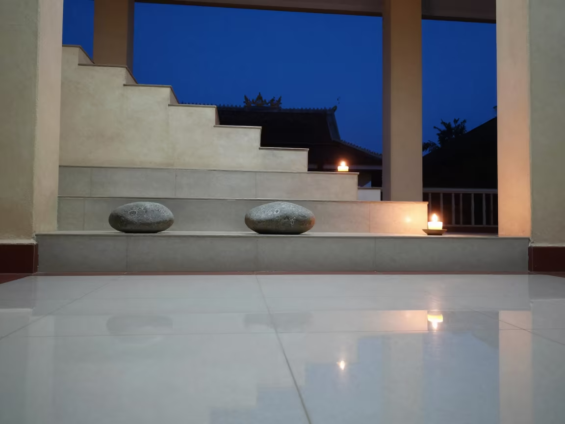 Three Stones on Concrete in Vientiane Stair Hall in inside a tiled stair hall near Vientiane