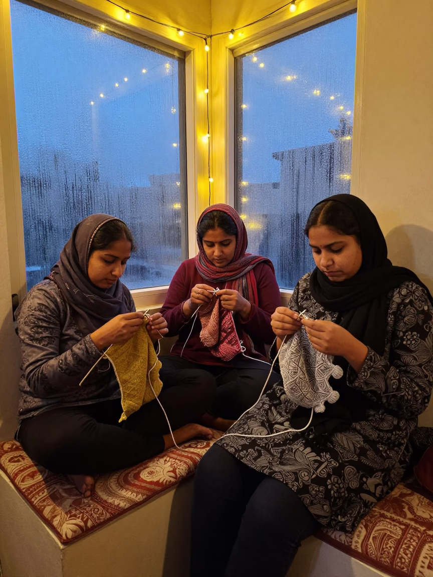 Three Women Knitting by Fireplace at Dusk in on a reading nook cushion in Bahawalnagar