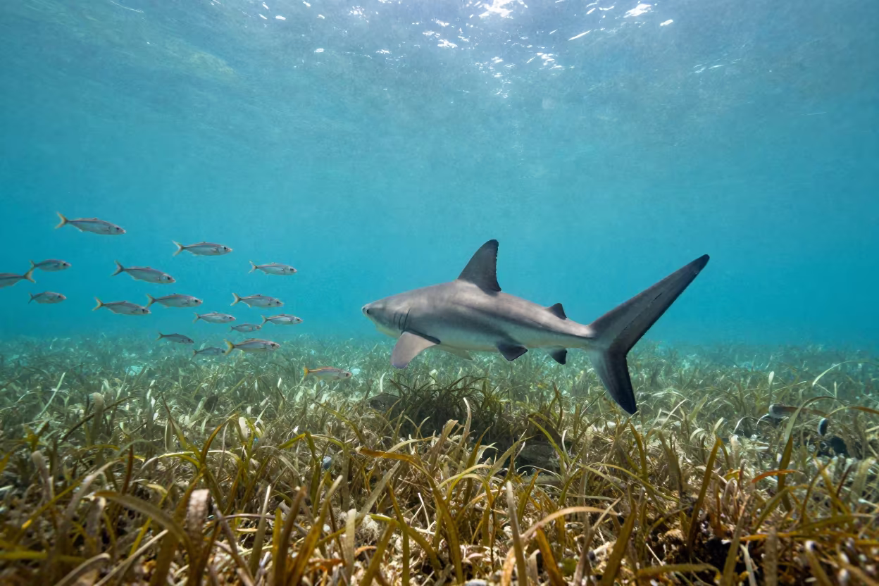 Thresher Shark Tail Strike Bait Ball Seagrass in above a seagrass meadow near Mombasa