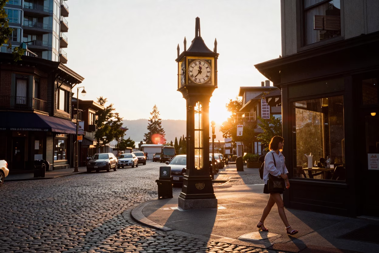 Through Gastown in Vancouver at As The Sun Drops Toward The Horizon in in Vancouver, British Columbia, Canada