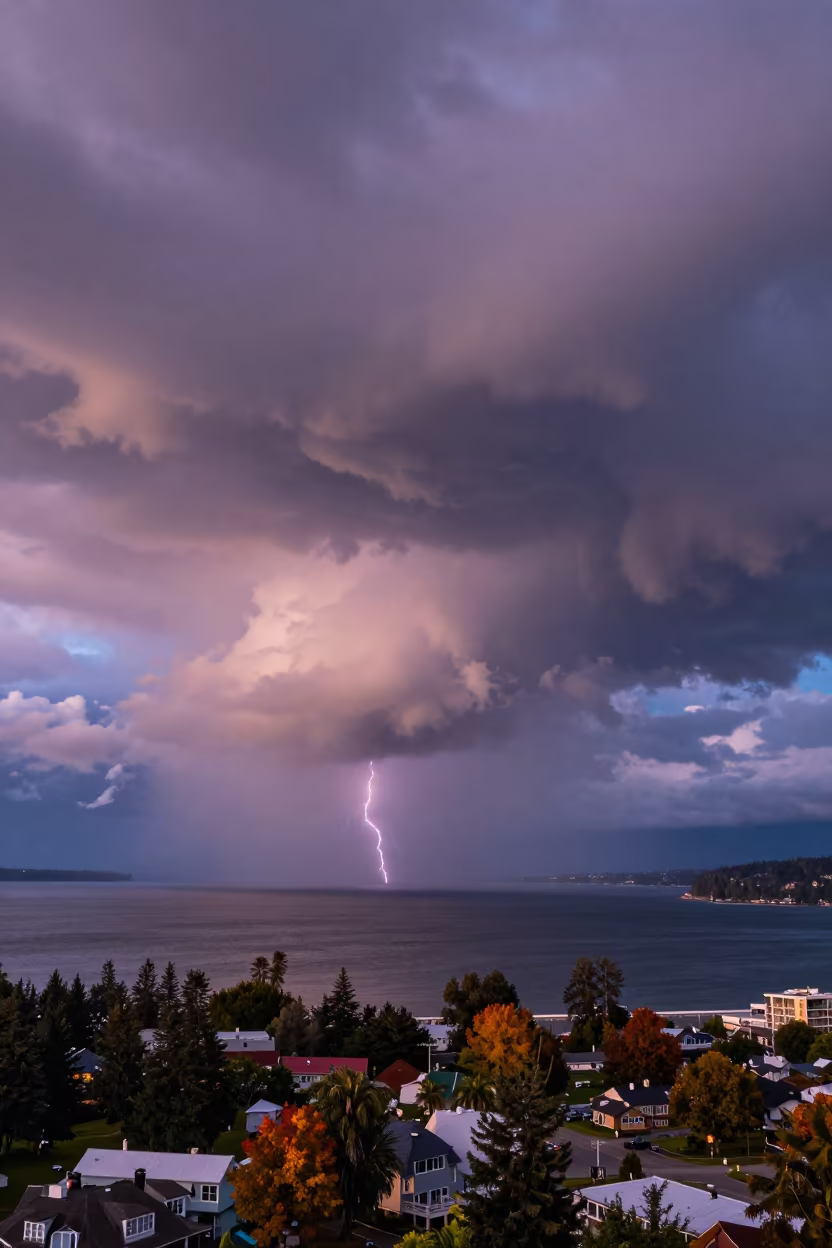 Thunder Cell Over Vancouver Twilight Ocean in across a storm-bright plain near Main Street, Vancouver