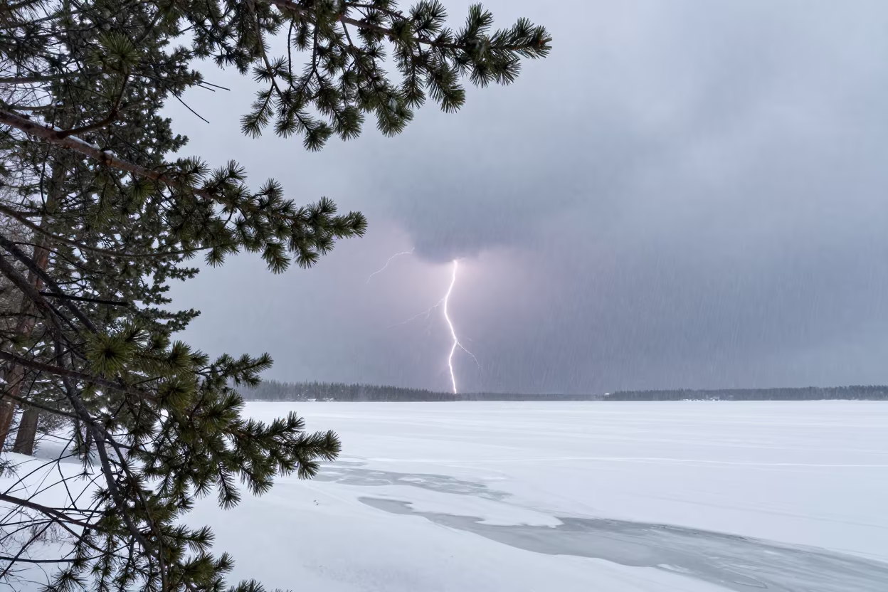 Thunder Snow Shower with Lightning in Early Spring in beneath fast-moving cloud bands near Anchorage
