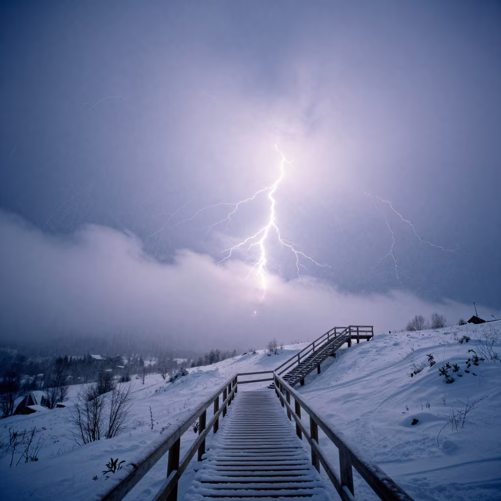 Thunder Snow Staircase in Russian Polar Night in beneath fast-moving cloud bands in Russia