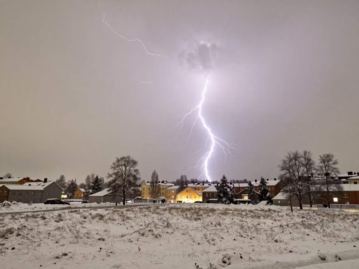 Thunder Snow Storm Lightning Over Stockholm Plain in across a storm-bright plain near Ostermalm, Stockholm