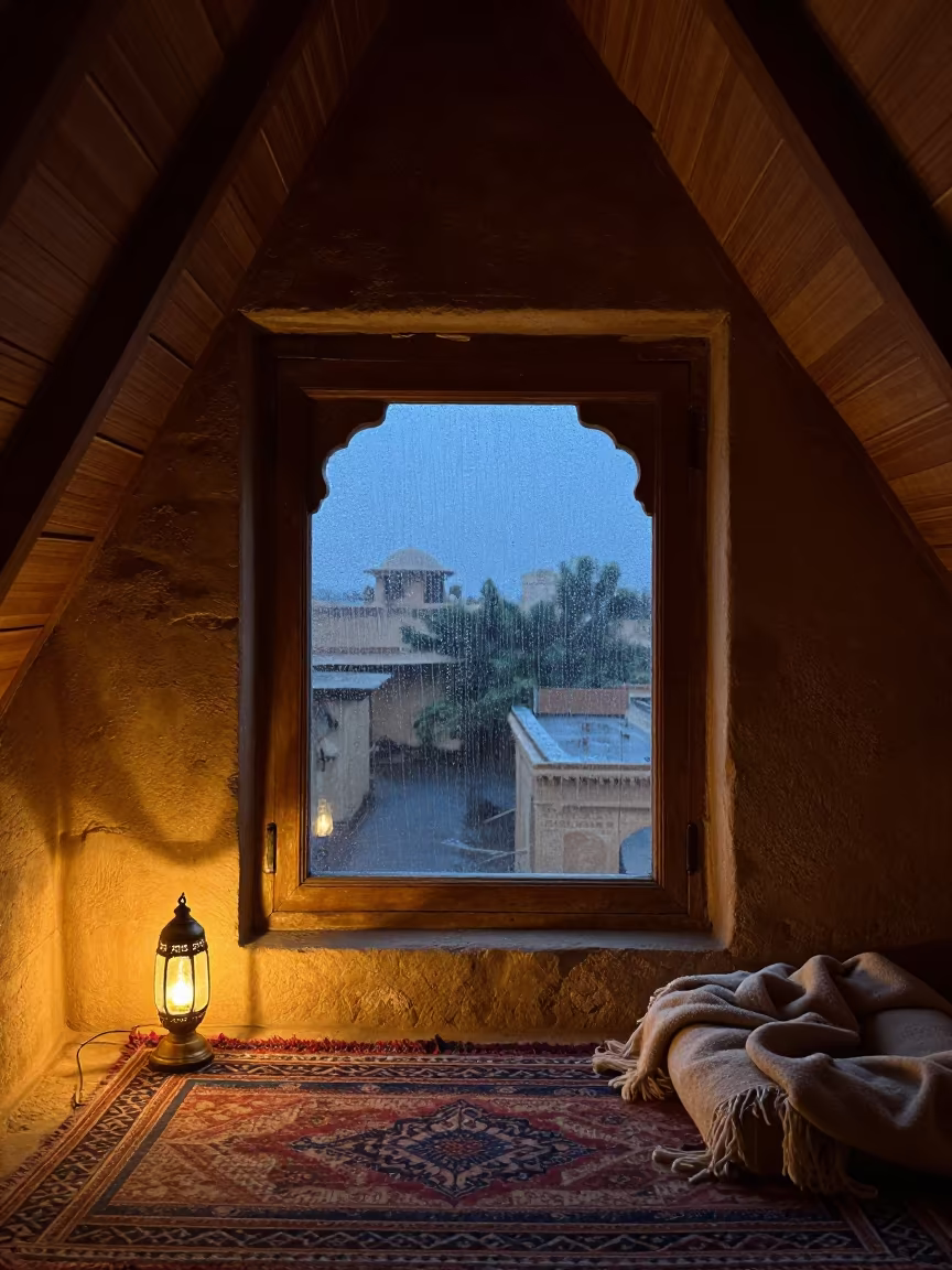 Thunderstorm Through Attic Window in Jaisalmer in beside a rain-streaked window in Jaisalmer