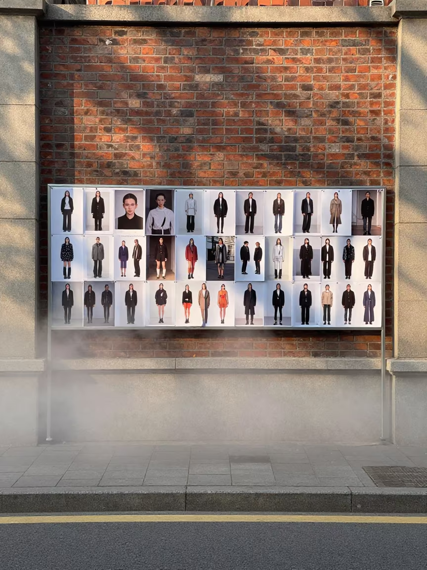 Tianjin Fashion Critique Board Fog Edge in on a rain-darkened city sidewalk near Tianjin
