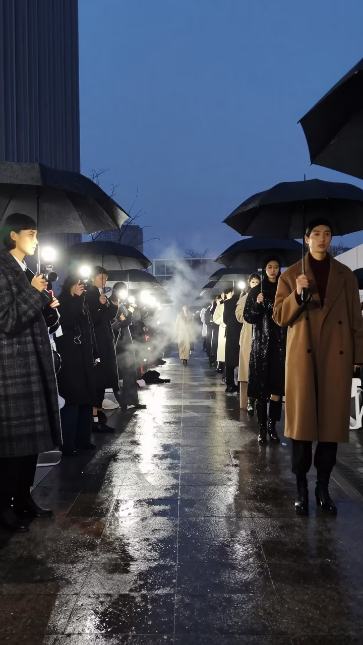 Tianjin Fashion Week Sidewalk Umbrellas Predawn in across a reflective public plaza in Tianjin