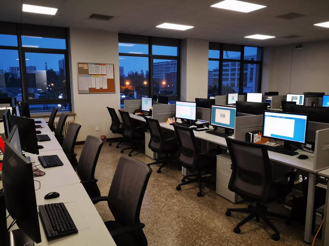 Tianjin Office Bay at Blue Hour with Monitor Glow in in an operations center under monitor glow in Tianjin