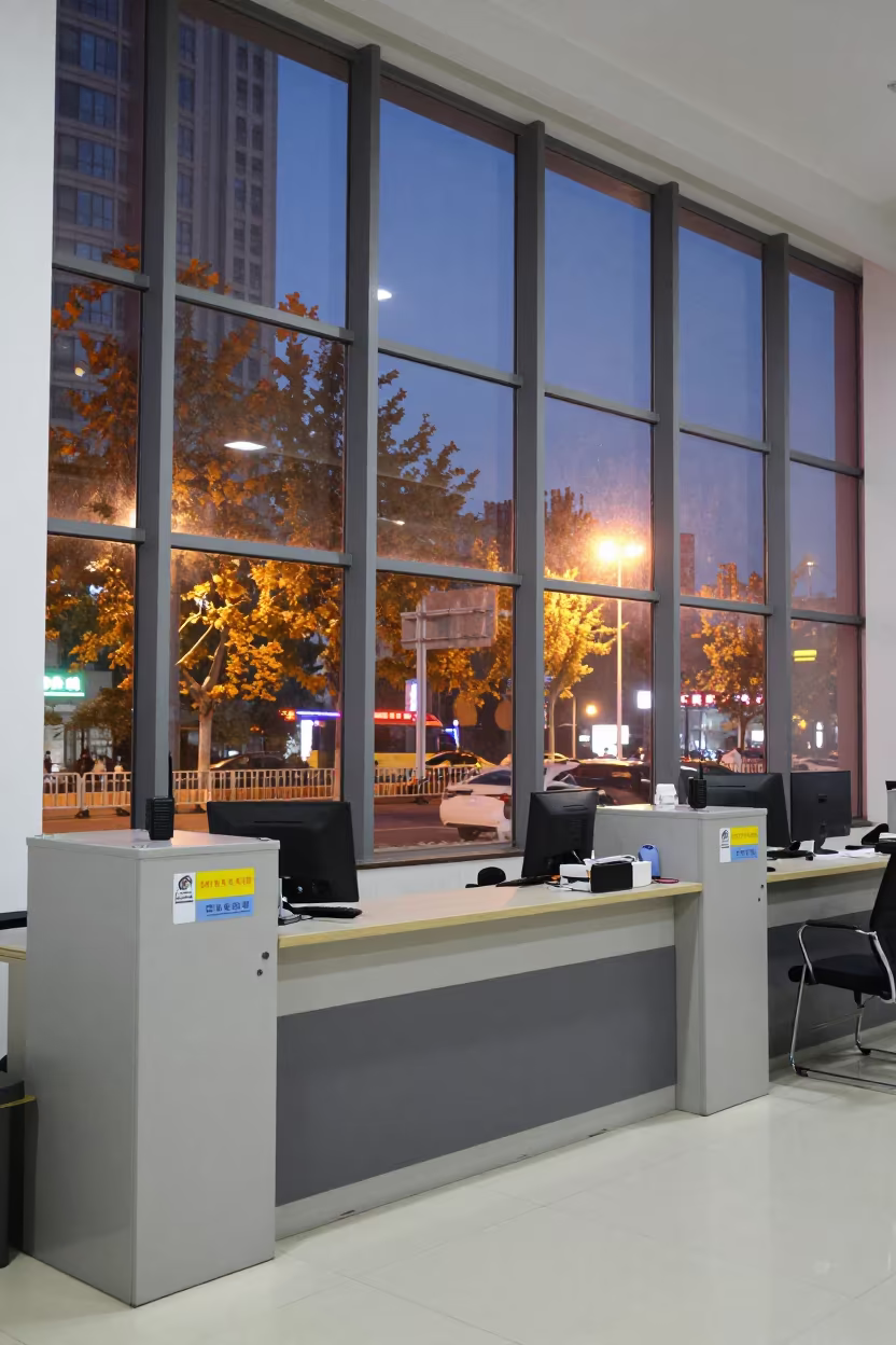 Tianjin Office Radio Dock at Dusk with Neon Reflections in at an office reception desk in Tianjin