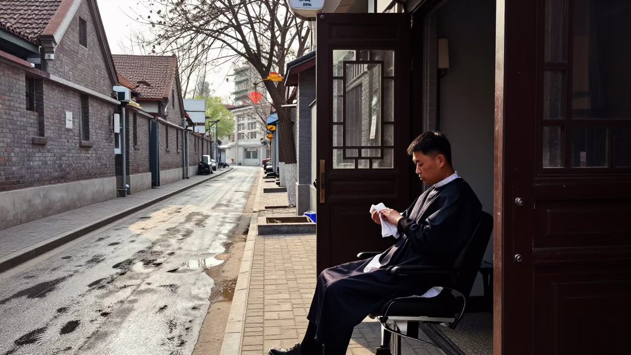 Tianjin Street Barber Wiping Hands After Rain in near Tianjin