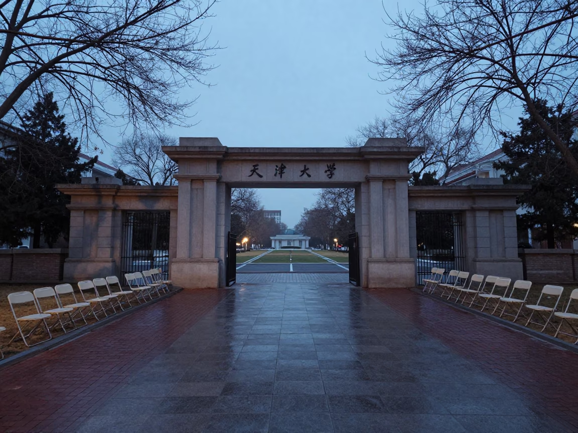Tianjin University Gate Indigo Twilight Winter in on a graduation lawn under folding chairs in Tianjin