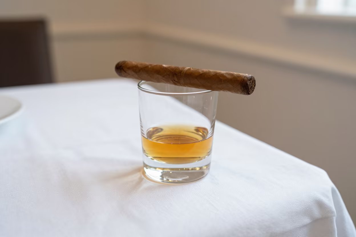 Tianjin Whisky and Cigar on Linen Table in on a linen-covered restaurant table in Tianjin
