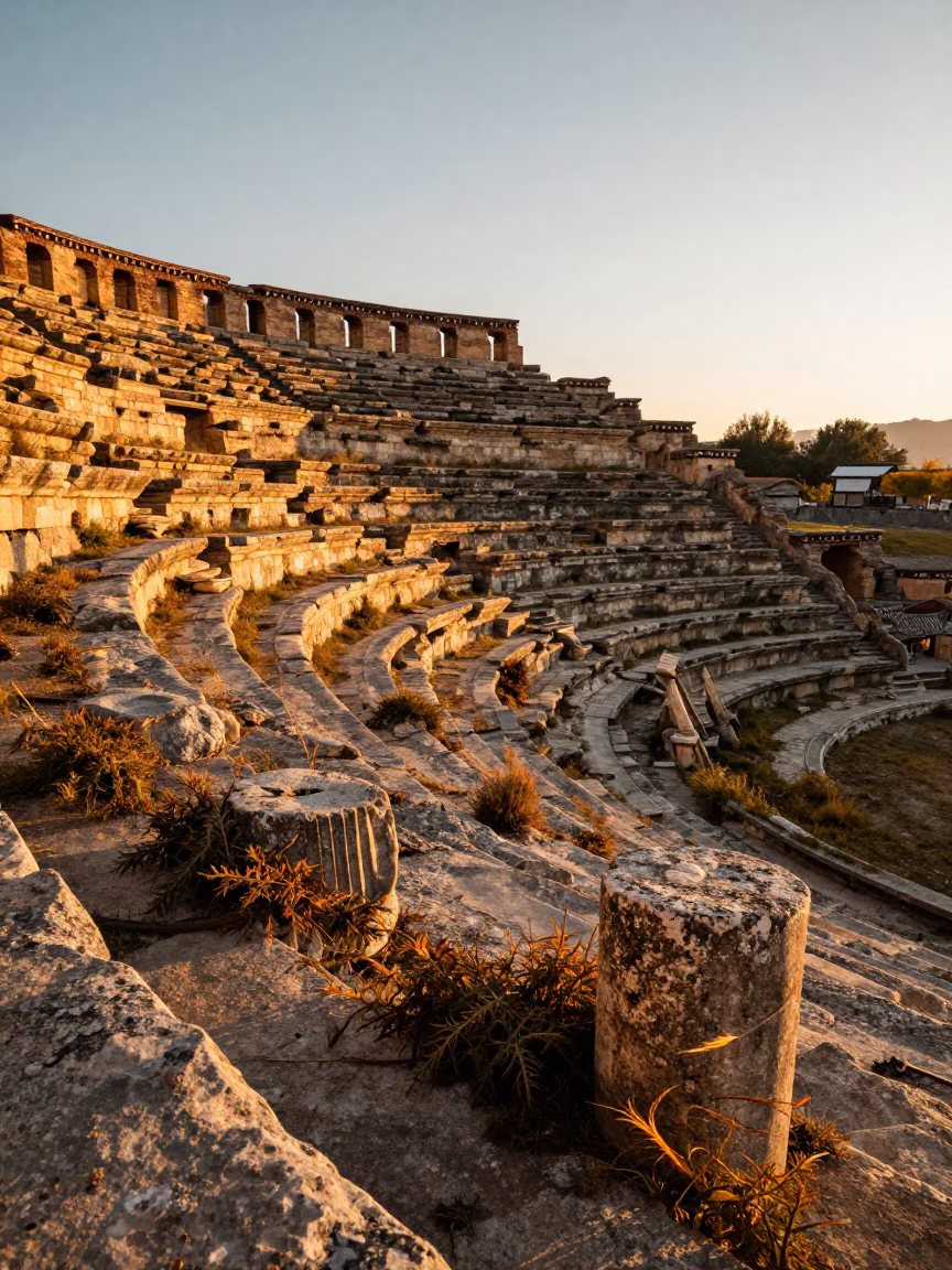 Tibetan Amphitheater Ruins in Evening Honey Light in among toppled columns and nettles in Tibet