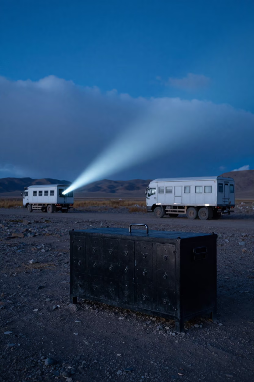 Tibetan Armory Bin Night Light in beside a convoy halt on open ground in Tibet