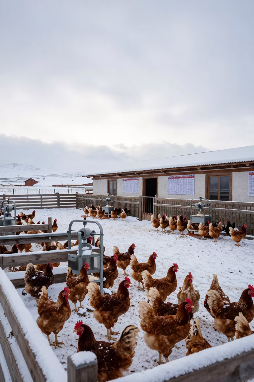 Tibetan Broiler Chickens Winter Feed Corral in inside a ranch corral in Tibet
