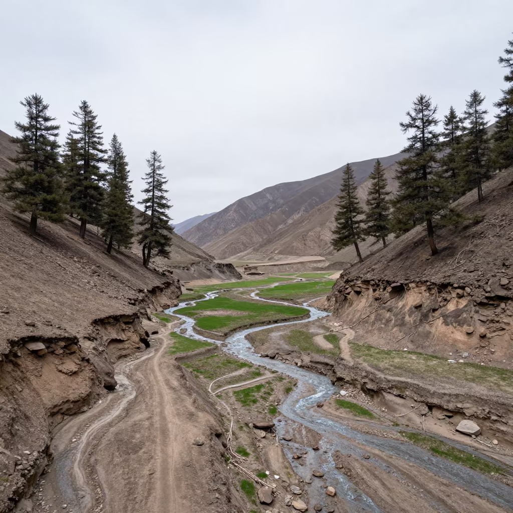 Tibetan Cedar Valley Storm Runoff Noon Light in across a wide valley floor in Tibet
