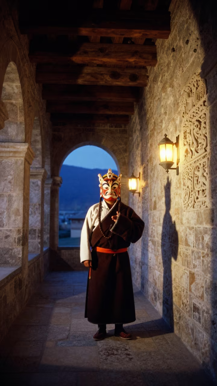 Tibetan Cham Dance in Angers Cloister Evening in inside a quiet cloister passage in Angers
