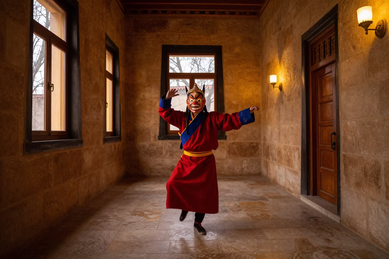 Tibetan Cham Dance in Sharjah Monastery Cloister in inside a quiet cloister passage in Sharjah
