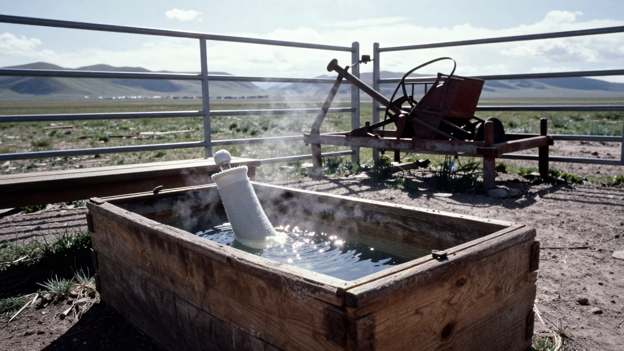 Tibetan Dairy Filter Sock Bin Near Water Trough in near a windbreak and water trough in Tibet