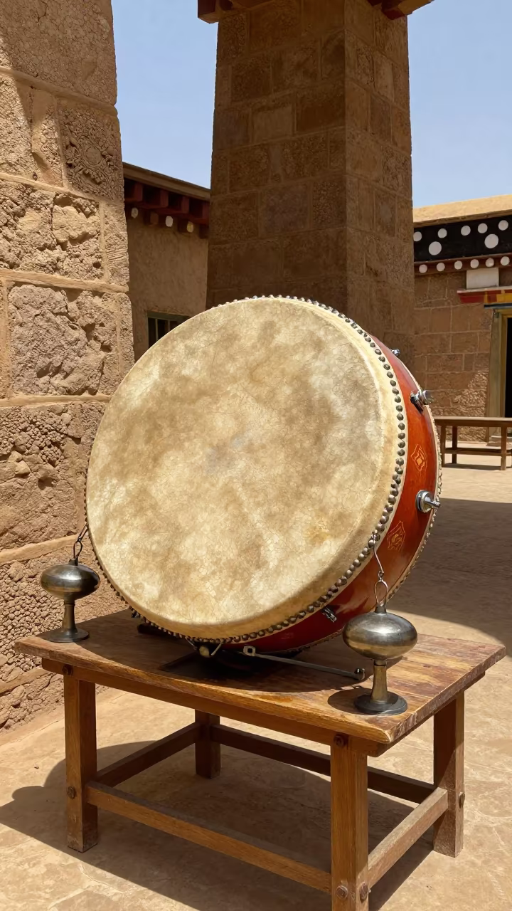 Tibetan Damaru Drum in Bobo-Dioulasso Prayer Hall in in a prayer hall in Bobo-Dioulasso