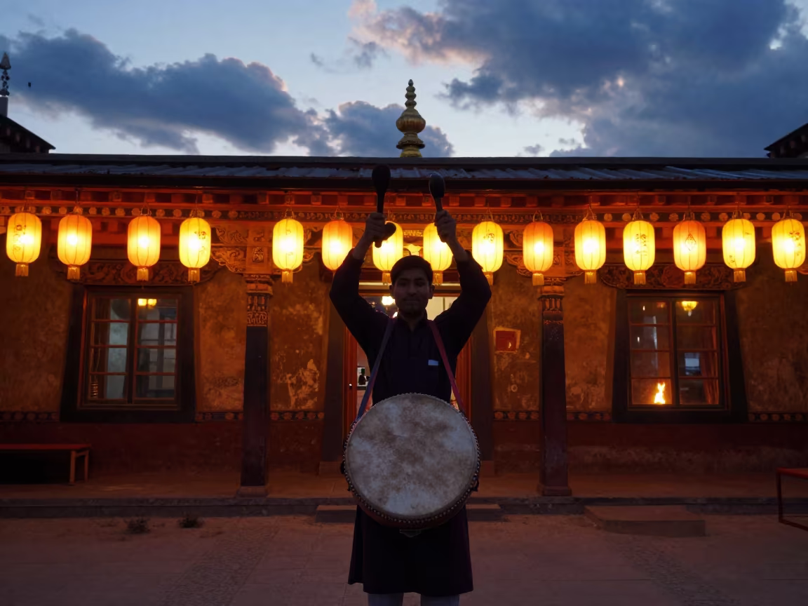 Tibetan Damaru Drum in Chittagong Shrine at Sunset in in a shrine lined with lanterns in Chittagong